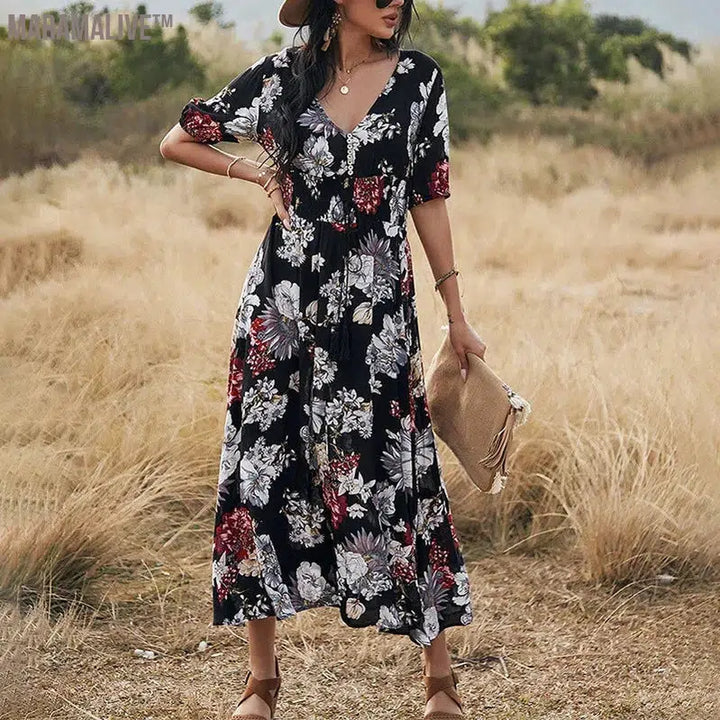 Spring And Summer Women's Clothing A-Line Short Sleeve Floral Print Dress Hight Waist Split Dresses V Neck Casual Vacation Dress