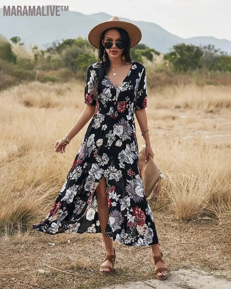 Spring And Summer Women's Clothing A-Line Short Sleeve Floral Print Dress Hight Waist Split Dresses V Neck Casual Vacation Dress