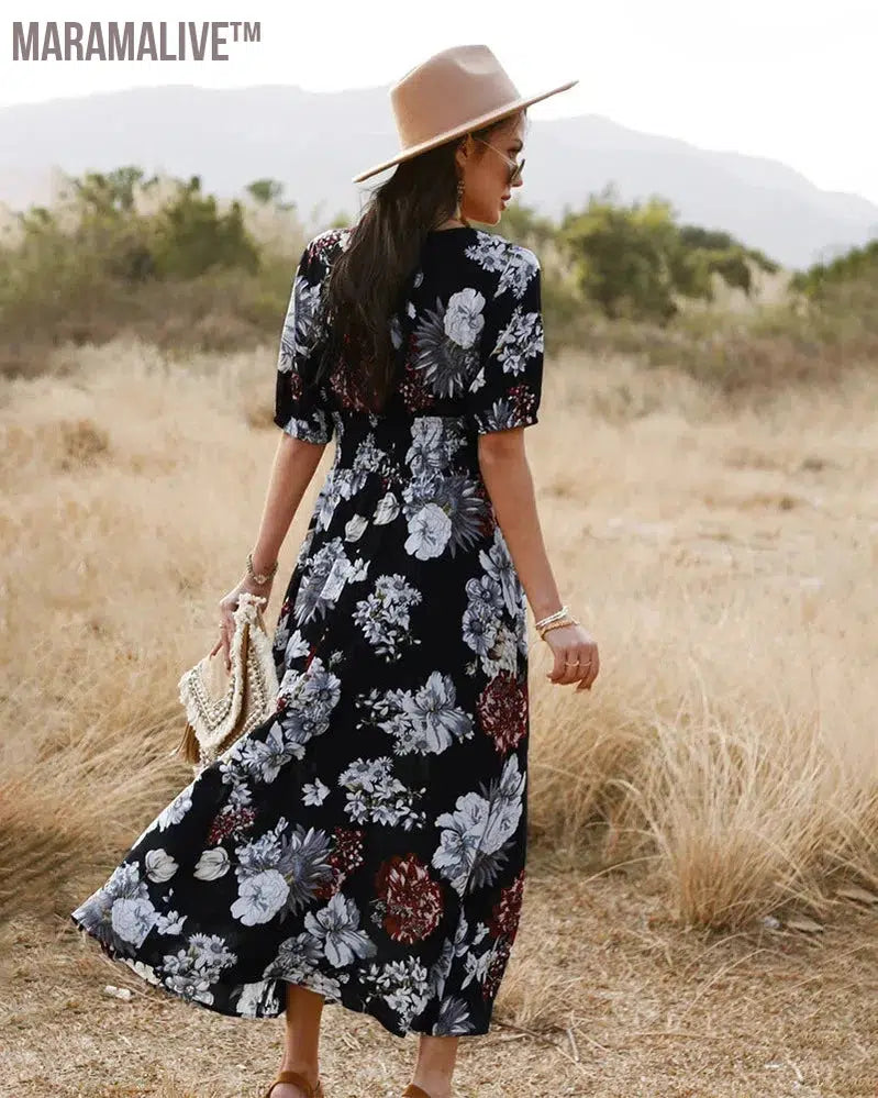 Spring And Summer Women's Clothing A-Line Short Sleeve Floral Print Dress Hight Waist Split Dresses V Neck Casual Vacation Dress