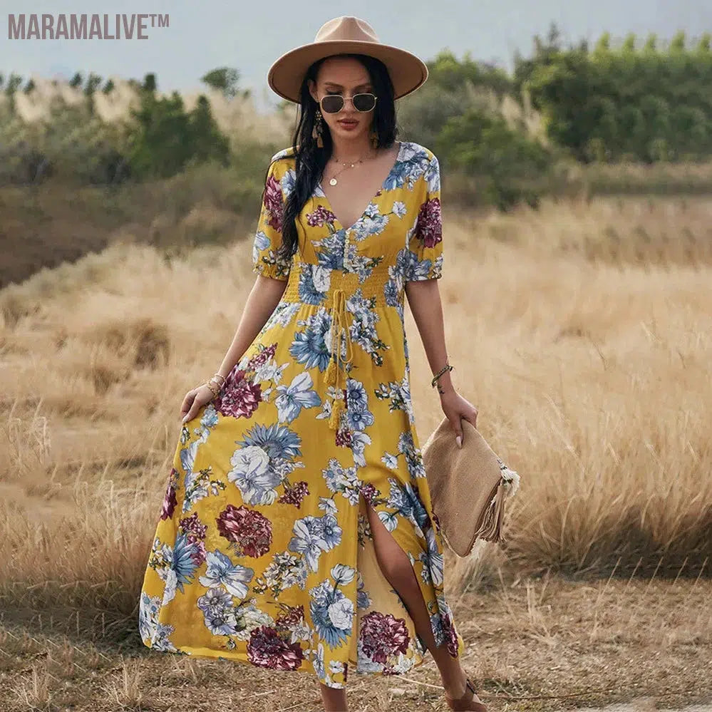 Spring And Summer Women's Clothing A-Line Short Sleeve Floral Print Dress Hight Waist Split Dresses V Neck Casual Vacation Dress