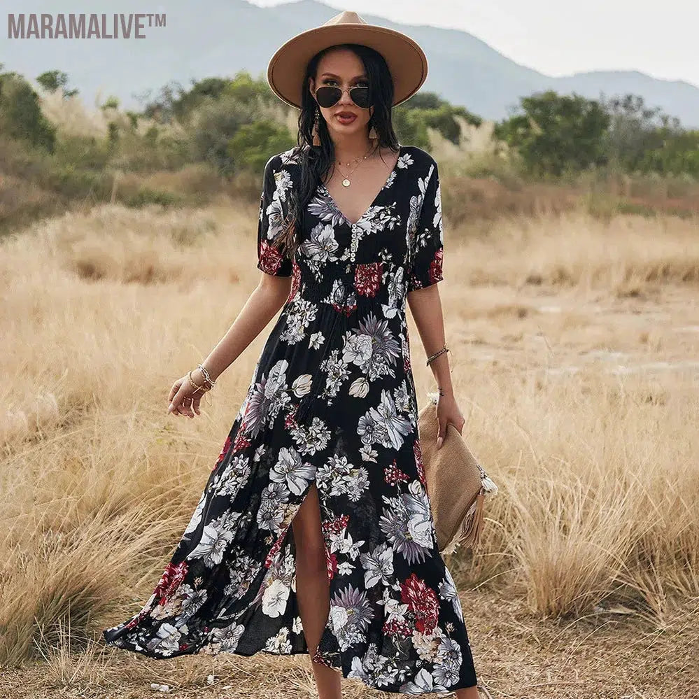 Spring And Summer Women's Clothing A-Line Short Sleeve Floral Print Dress Hight Waist Split Dresses V Neck Casual Vacation Dress