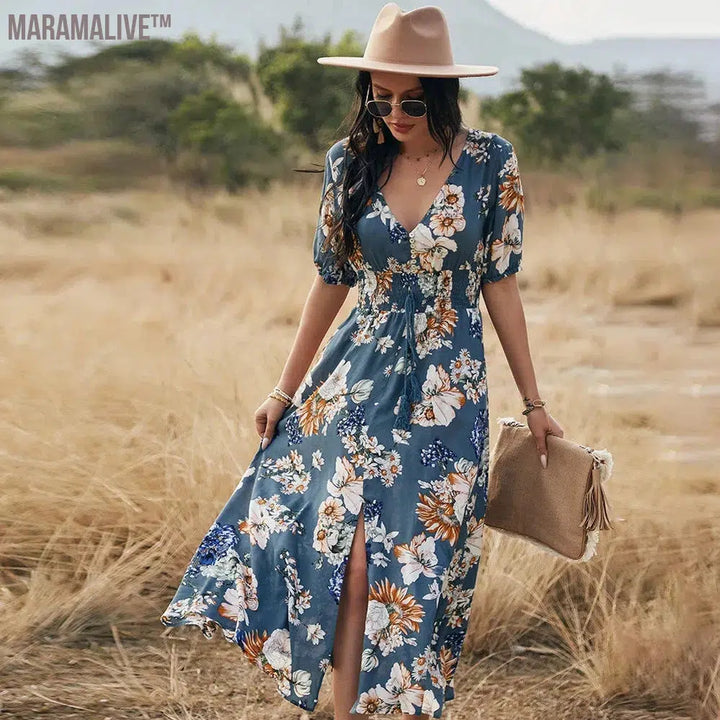 Spring And Summer Women's Clothing A-Line Short Sleeve Floral Print Dress Hight Waist Split Dresses V Neck Casual Vacation Dress