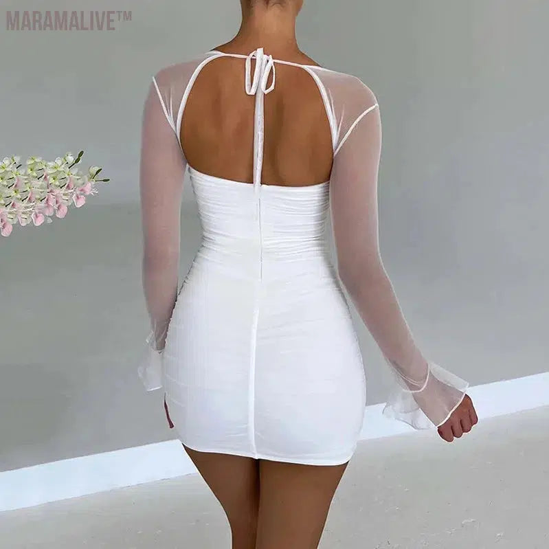 Spring And Summer Women's Dress Fashion Sexy Hot Girl Backless Long-Sleeved High Waist Bag Hip Skirt Sexy See-Through Dress