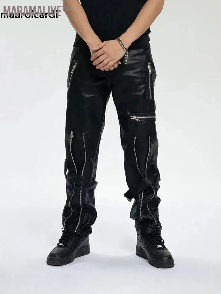 Spring Autumn Cool Black Pu Leather Pants Men with Many Zippers Belt Luxury Designer Clothing Trousers Fashions