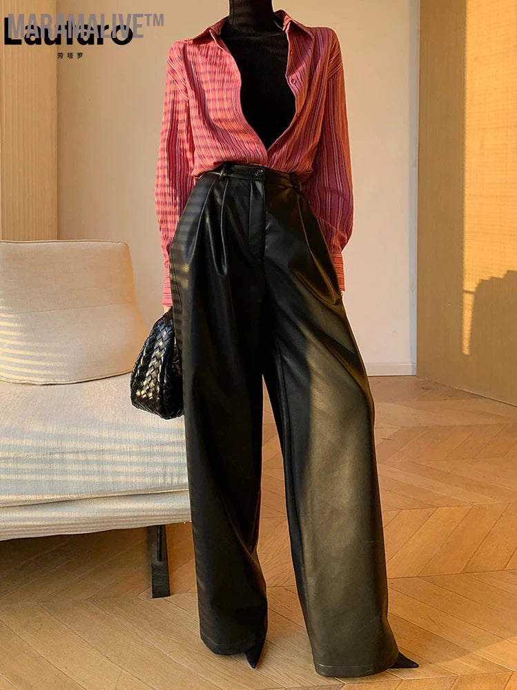 Spring Autumn Loose Casual Soft Black Burgundy Pu Leather Wide Leg Pants for Women High Waist