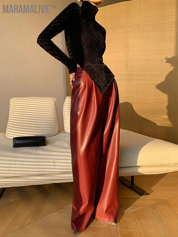 Spring Autumn Loose Casual Soft Black Burgundy Pu Leather Wide Leg Pants for Women High Waist