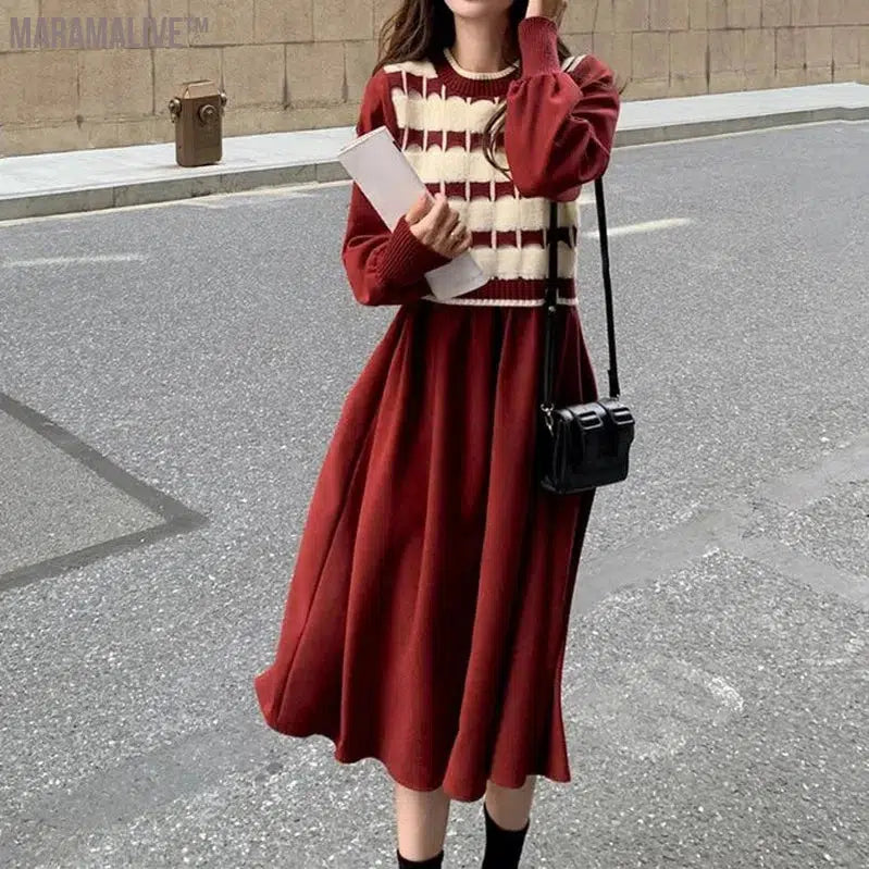 Spring Autumn New Fashion Contrast Color Midi Dress Women Round Neck Long Sleeve Dresses Elegant Fake Two Pieces Chic Vestidos