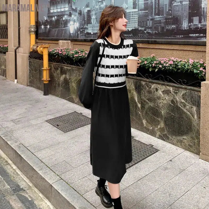 Spring Autumn New Fashion Contrast Color Midi Dress Women Round Neck Long Sleeve Dresses Elegant Fake Two Pieces Chic Vestidos