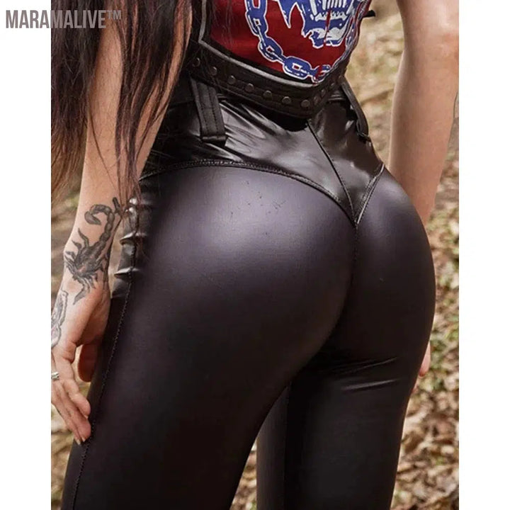 Spring Autumn Women High Waist Push Up PU Leather Skinny Pants Sporty Female Faux Leather Leggings Streetwear Workout Clothing