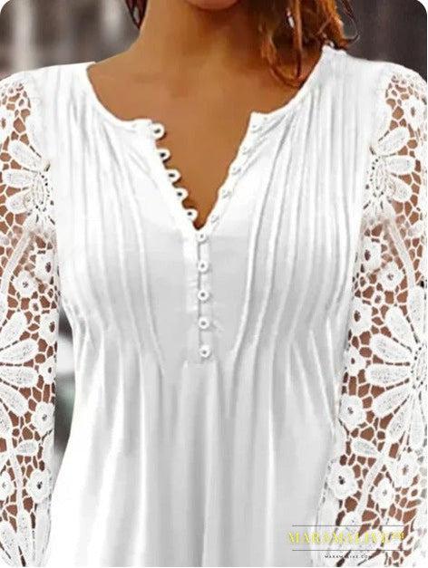 Spring Lace Long-sleeved V-neck Slim Short T-shirt Top