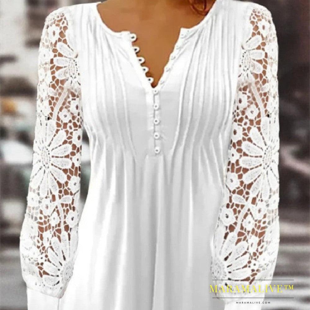 Spring Lace Long-sleeved V-neck Slim Short T-shirt Top