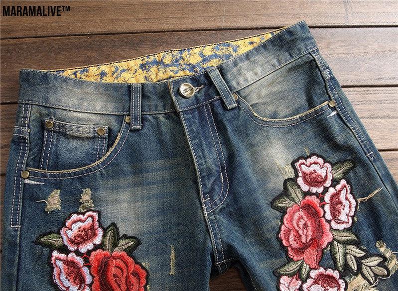 Spring Punk Men's Embroidered Rose Denim Trousers Mid Waist Casual