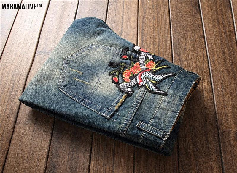 Spring Punk Men's Embroidered Rose Denim Trousers Mid Waist Casual