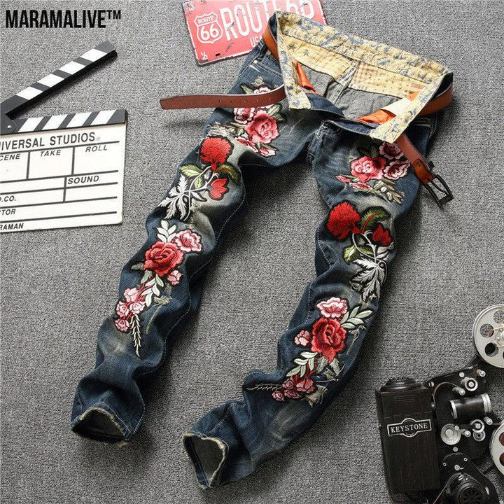 Spring Punk Men's Embroidered Rose Denim Trousers Mid Waist Casual