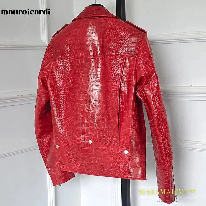 Spring Red Crocodile Pattern Faux Leather Biker Jacket Long Sleeve Zipper Plus Size Designer Men Clothing 4xl 5xl