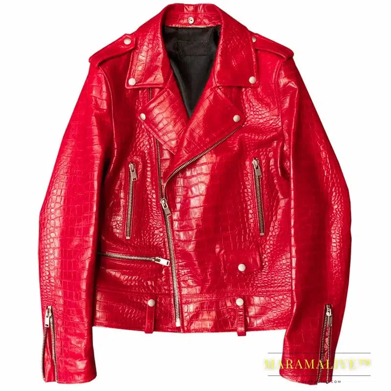 Spring Red Crocodile Pattern Faux Leather Biker Jacket Long Sleeve Zipper Plus Size Designer Men Clothing 4xl 5xl