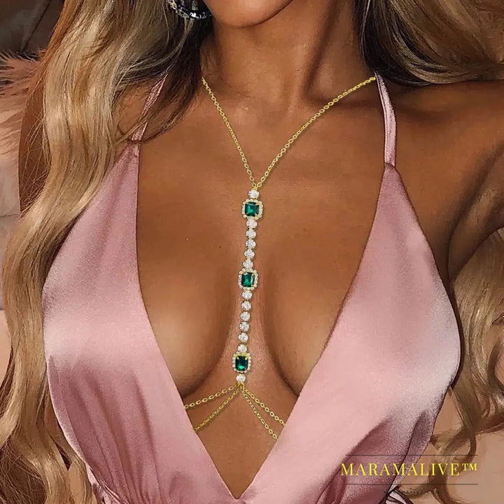 Square Crystal Chest Chain Necklace Harness for Women Festival Sexy Bikini Rhinestone Bra Chain Underwear Jewelry Gift