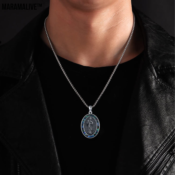 St Jude Necklace Sterling Silver Oval Medal San Judas Tadeo Pendant Necklace Medallion Protection Necklace Catholic Jewelry Gift for Men