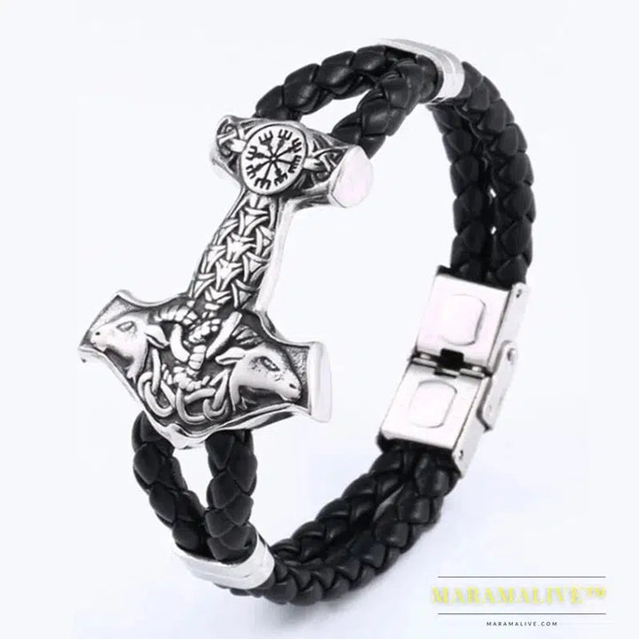 Stainless Steel Cowhide Bracelet Viking Scandinavian Norse Men's Bracelet Mjolnir Fashion