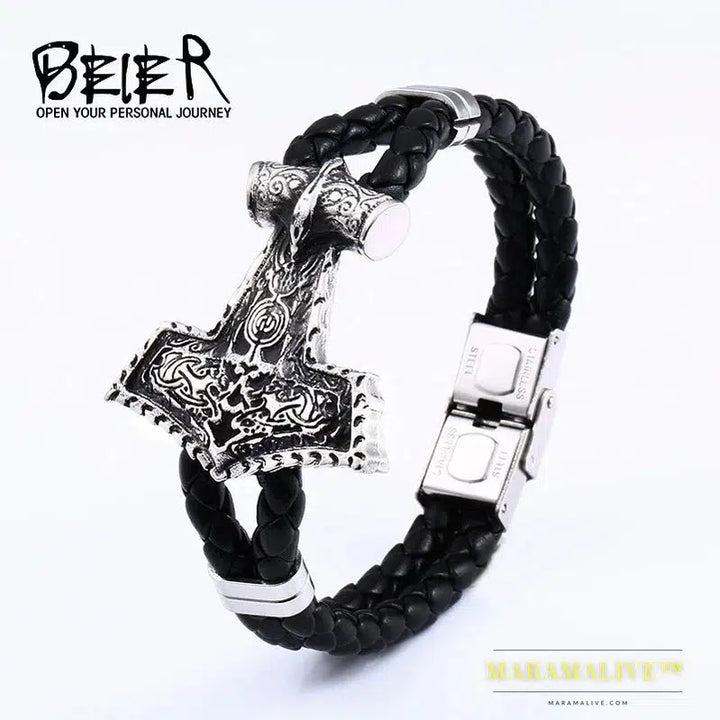 Stainless Steel Cowhide Bracelet Viking Scandinavian Norse Men's Bracelet Mjolnir Fashion