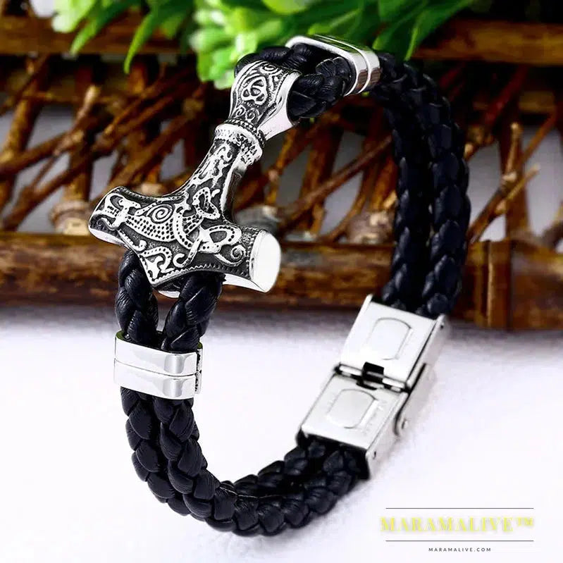 Stainless Steel Cowhide Bracelet Viking Scandinavian Norse Men's Bracelet Mjolnir Fashion