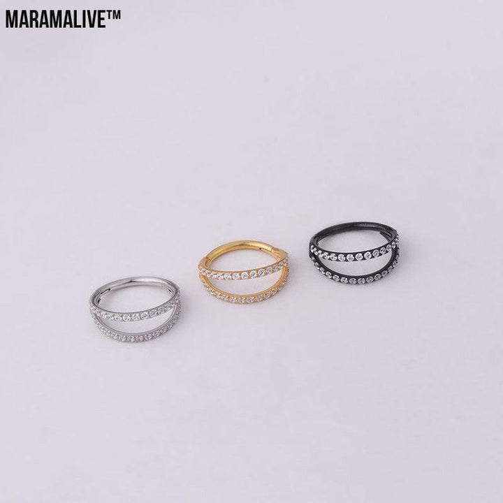 Stainless Steel Double Row Carved Zircon Seamless Nose Ring