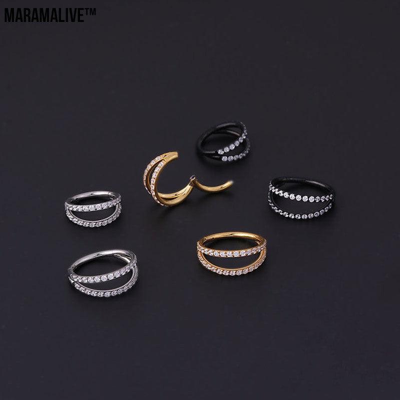 Stainless Steel Double Row Carved Zircon Seamless Nose Ring