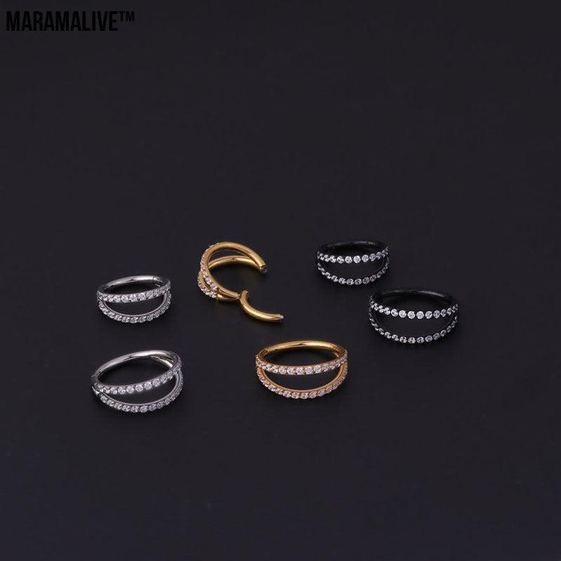 Stainless Steel Double Row Carved Zircon Seamless Nose Ring