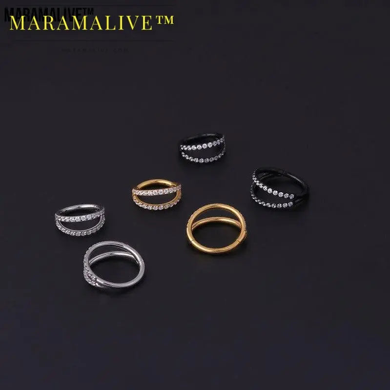 Stainless Steel Double Row Carved Zircon Seamless Nose Ring