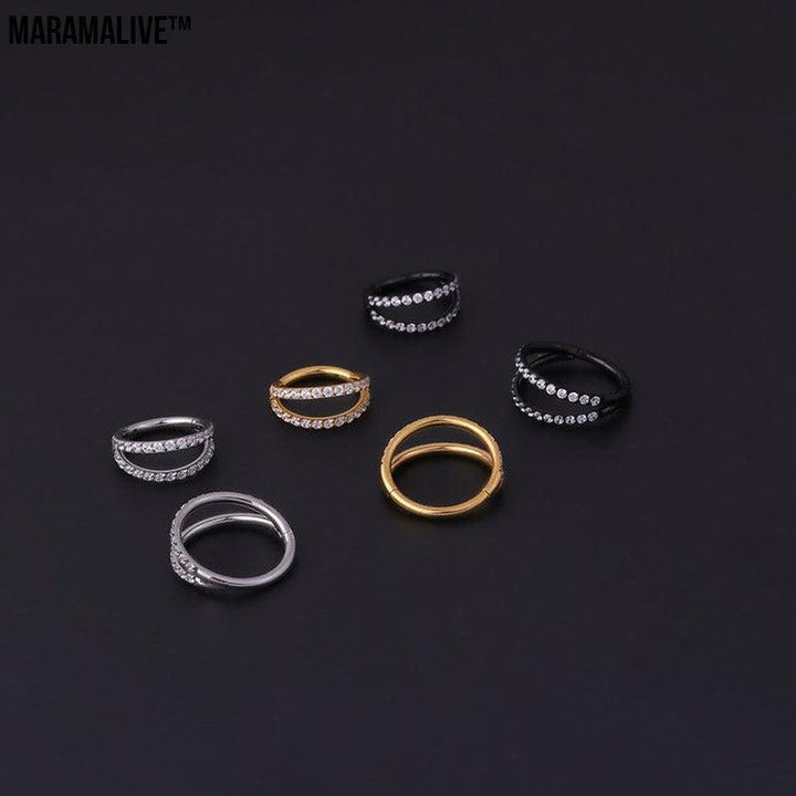 Stainless Steel Double Row Carved Zircon Seamless Nose Ring