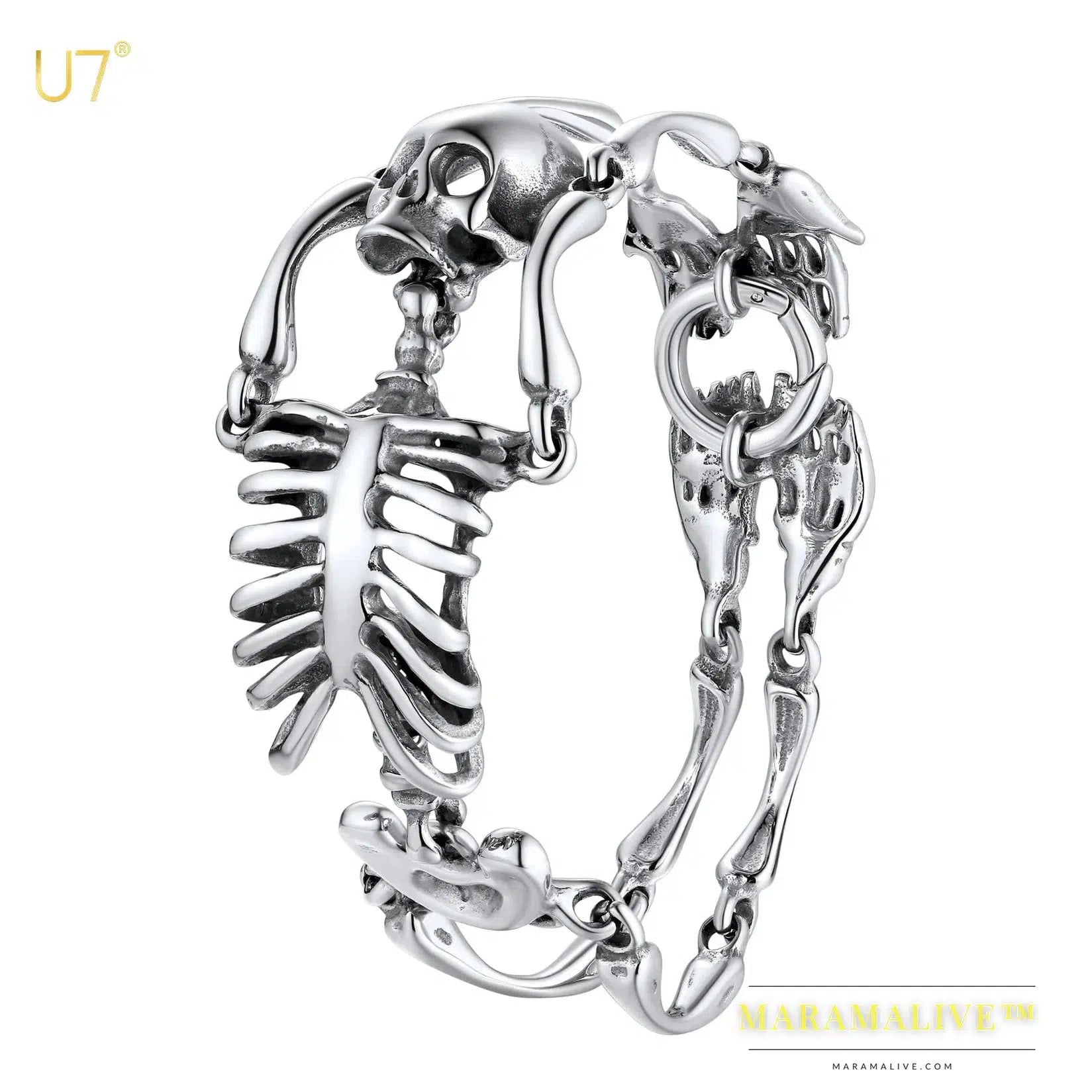 Stainless Steel Gothic Skull Bracelet for Men Steampunk Heavy Skeleton Wristband Chains Halloween Party Accessories