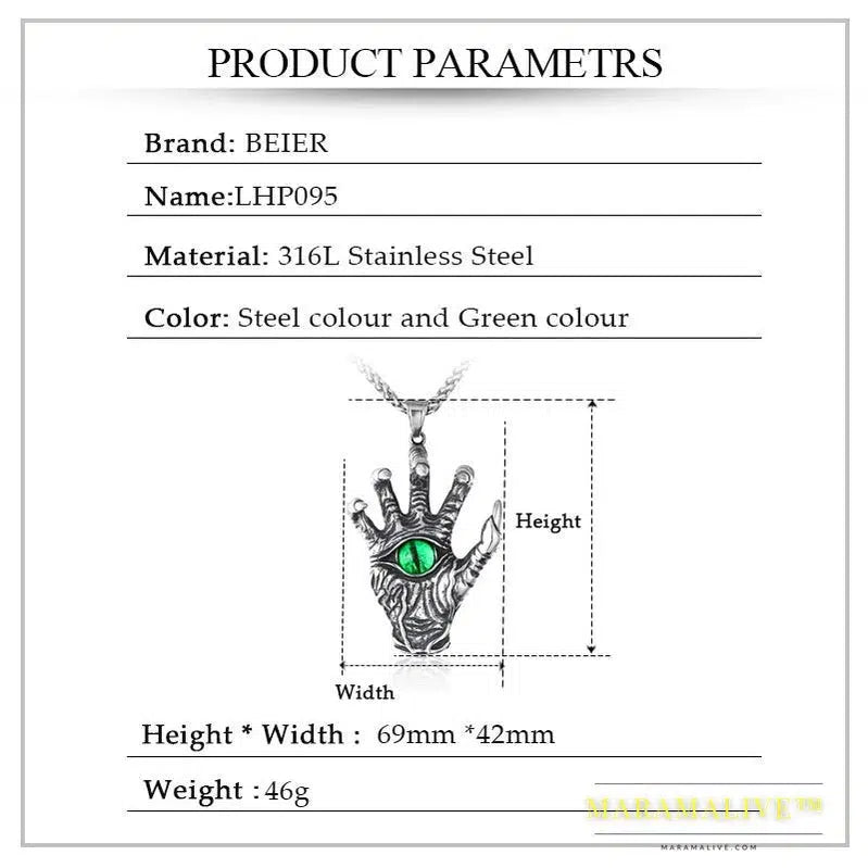 Stainless Steel Hand Bone Paw Green Evil Eye Men's Pendant Necklace Punk Rock High Quality Jewelry