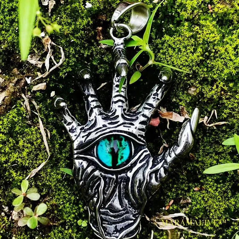 Stainless Steel Hand Bone Paw Green Evil Eye Men's Pendant Necklace Punk Rock High Quality Jewelry