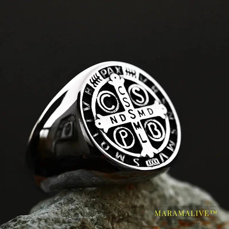 Stainless Steel Letter faith cross Jesus St. Benedict's Exorcism for men ring fashion jewelry