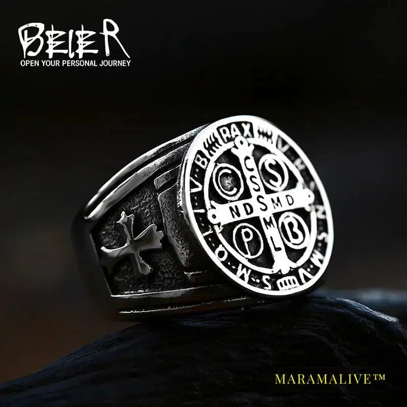 Stainless Steel Letter faith cross Jesus St. Benedict's Exorcism for men ring fashion jewelry