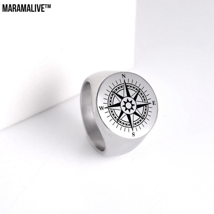 Stainless Steel Marking Silver Compass Ring