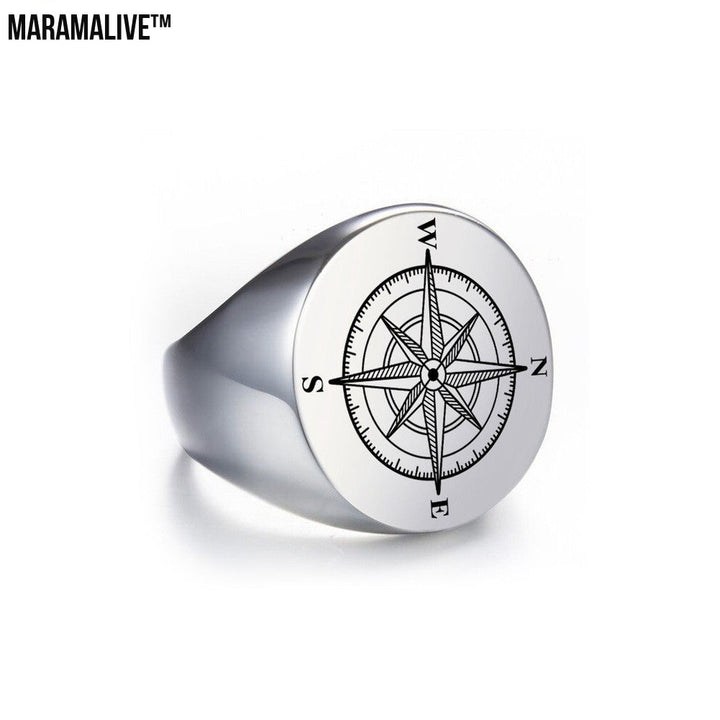 Stainless Steel Marking Silver Compass Ring