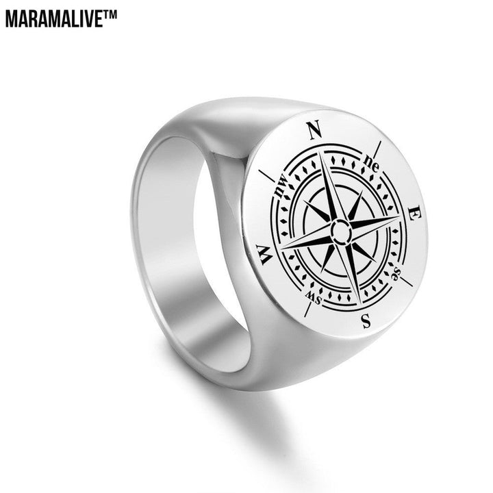 Stainless Steel Marking Silver Compass Ring