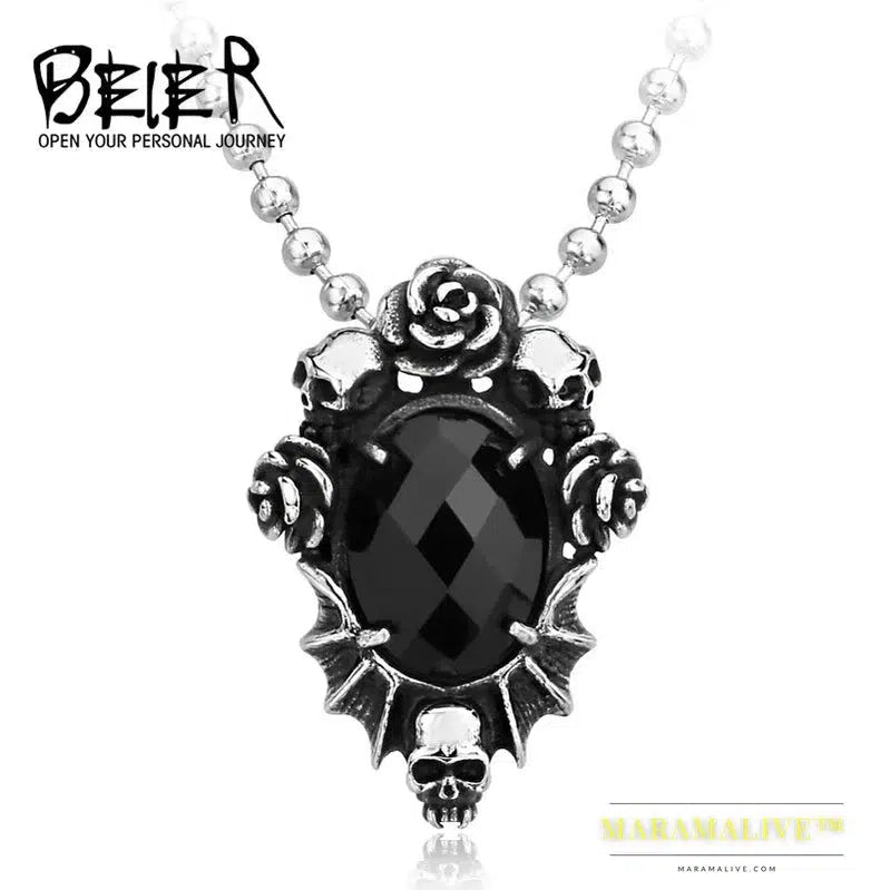 Stainless Steel Necklace Pendant Rose flower skull with big black zircon Jewelry