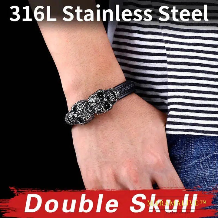 Stainless Steel Punk Double Skull Men's High Quality Leather Bracelet Party Fashion Jewelry