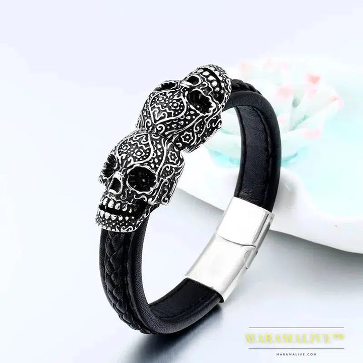 Stainless Steel Punk Double Skull Men's High Quality Leather Bracelet Party Fashion Jewelry