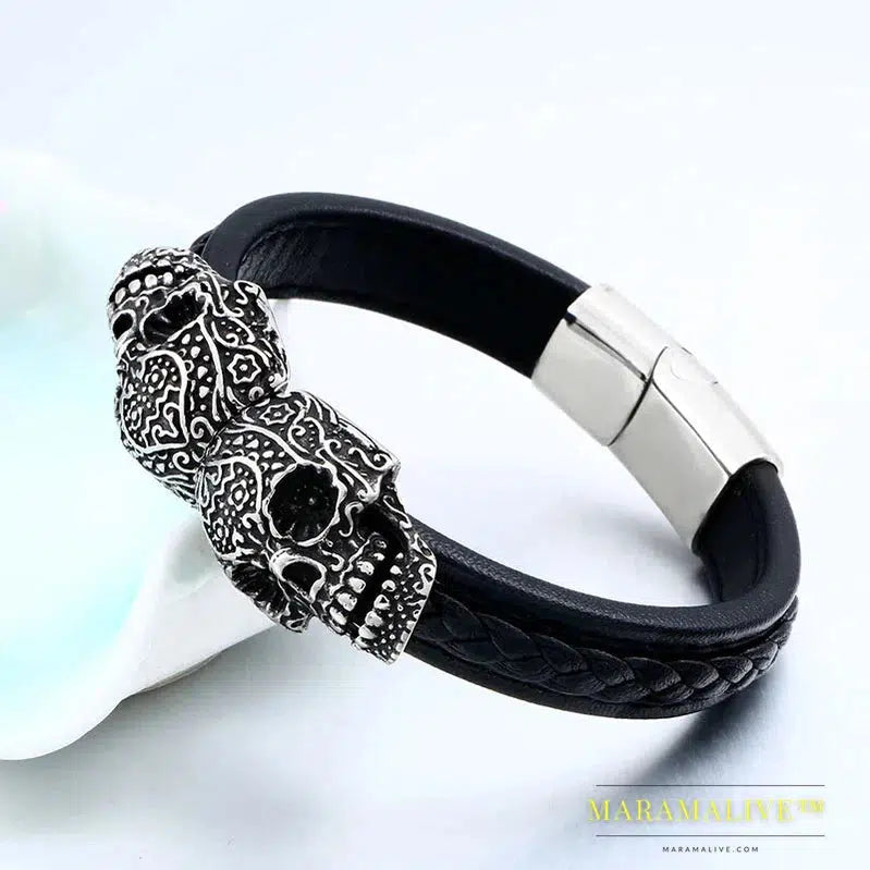 Stainless Steel Punk Double Skull Men's High Quality Leather Bracelet Party Fashion Jewelry