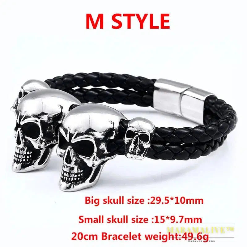 Stainless Steel Punk Triple Skull Leather Men's Bangle Rock Biker High Quality Jewelry Gift