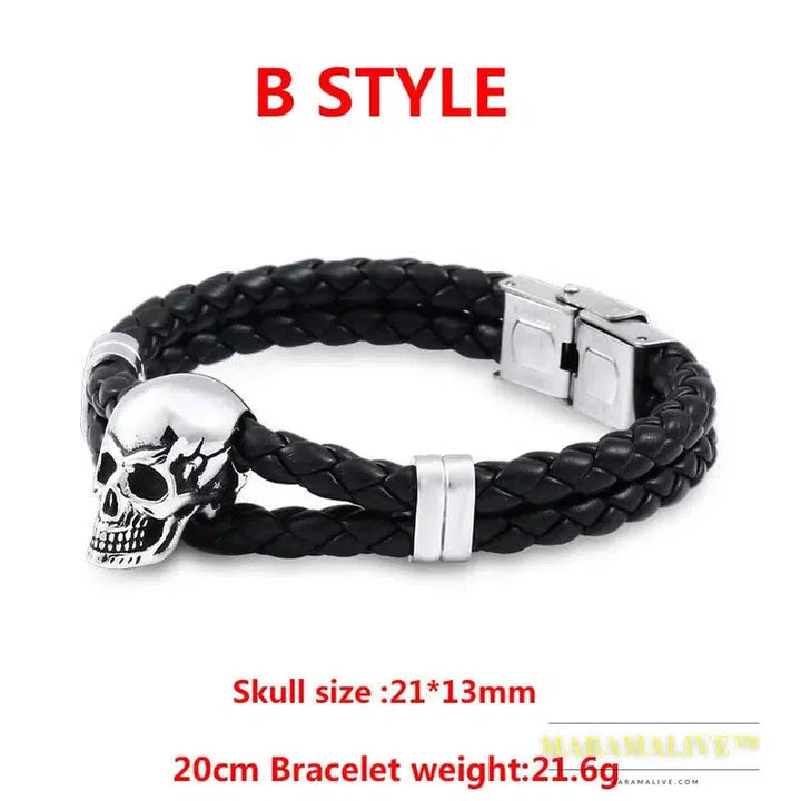 Stainless Steel Punk Triple Skull Leather Men's Bangle Rock Biker High Quality Jewelry Gift