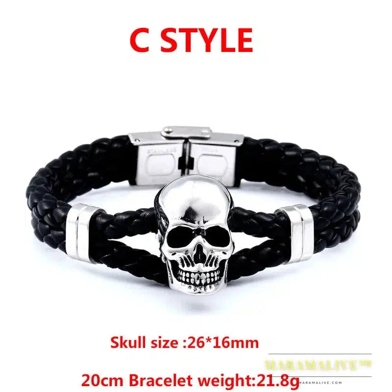 Stainless Steel Punk Triple Skull Leather Men's Bangle Rock Biker High Quality Jewelry Gift