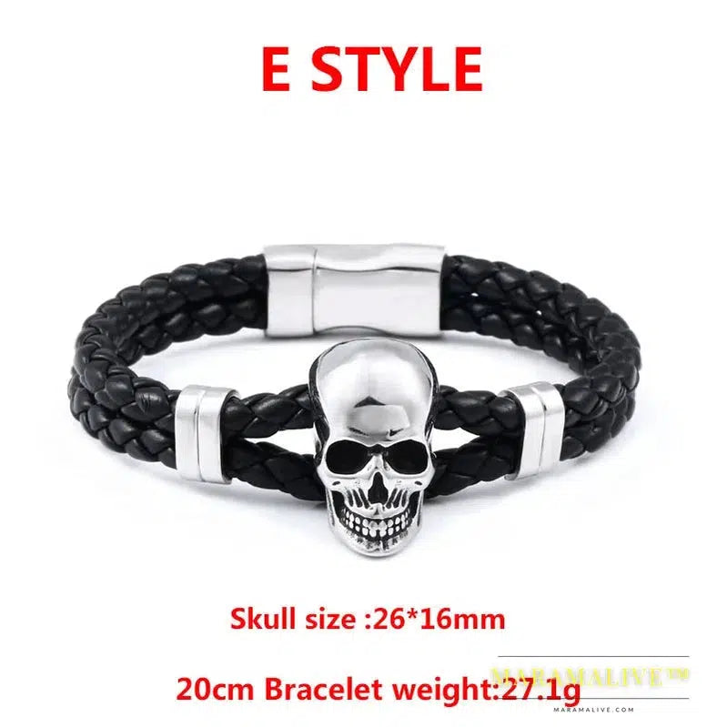 Stainless Steel Punk Triple Skull Leather Men's Bangle Rock Biker High Quality Jewelry Gift