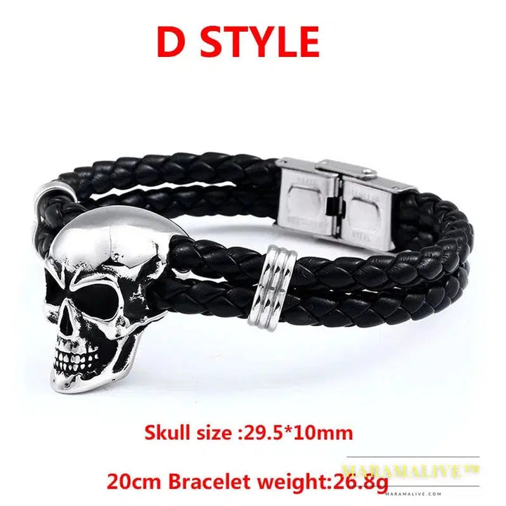 Stainless Steel Punk Triple Skull Leather Men's Bangle Rock Biker High Quality Jewelry Gift