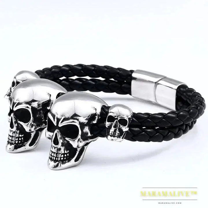 Stainless Steel Punk Triple Skull Leather Men's Bangle Rock Biker High Quality Jewelry Gift