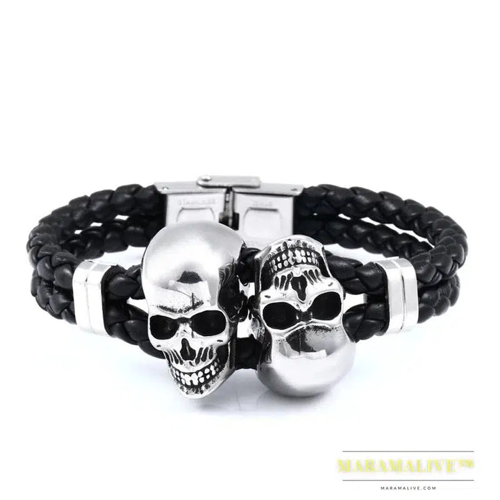 Stainless Steel Punk Triple Skull Leather Men's Bangle Rock Biker High Quality Jewelry Gift