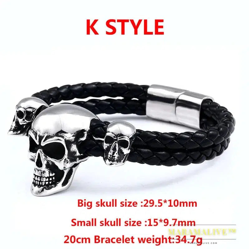 Stainless Steel Punk Triple Skull Leather Men's Bangle Rock Biker High Quality Jewelry Gift